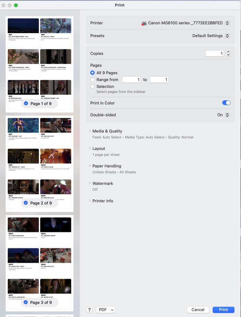 The macOS print dialog showing the scene wall print preview — cards laid out in a 2-column grid, 9 pages total, with print options on the right.