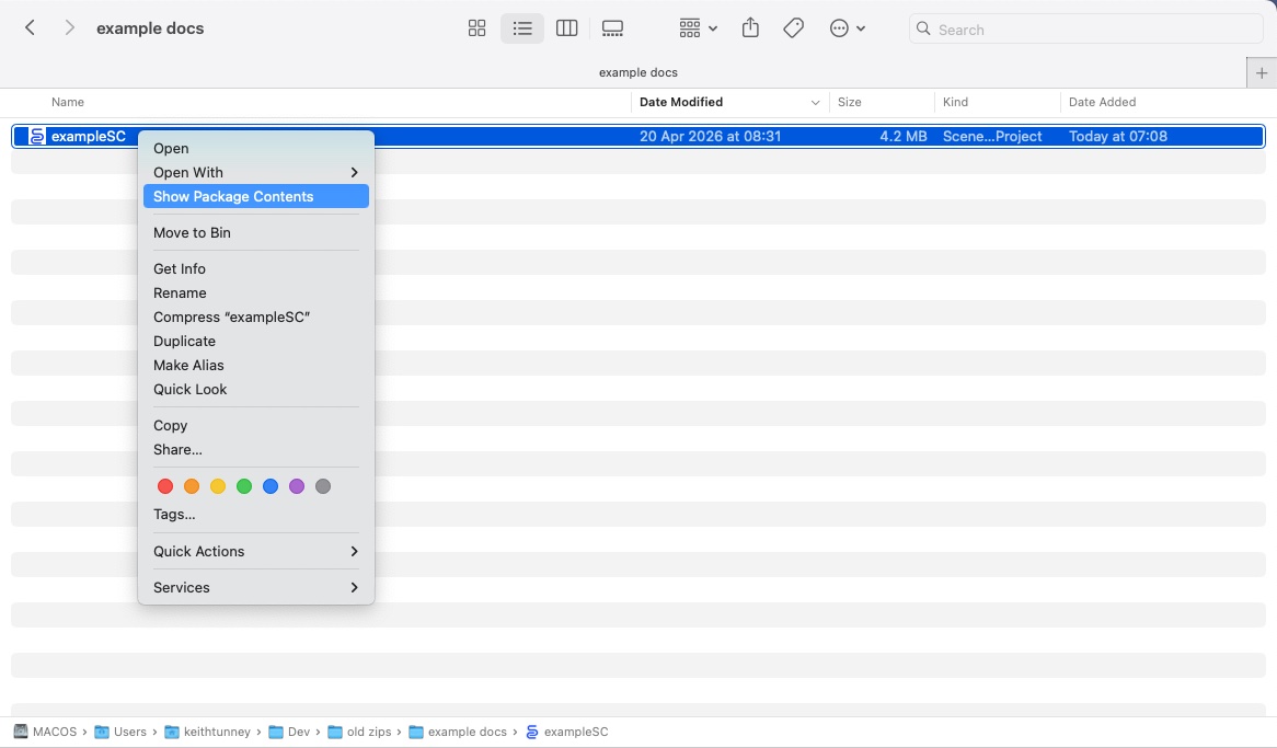 Finder showing a .scenecards file with the right-click context menu open and "Show Package Contents" highlighted.