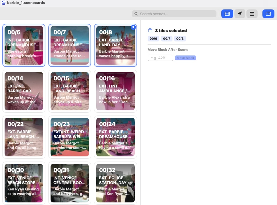Three cards selected on iPadOS, showing the Multi-Select Panel with scene numbers listed and the Move Block After Scene field.