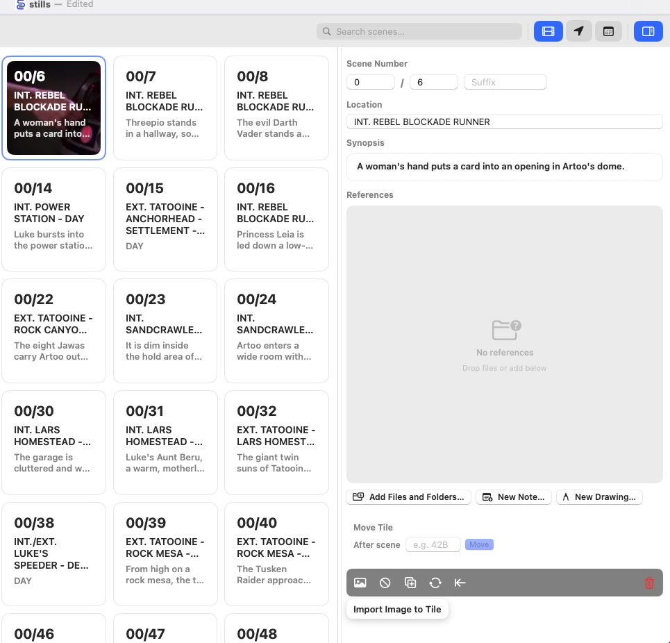 The inspector toolbar strip on iPadOS with the Import Image button highlighted, ready to attach a still to the selected card.