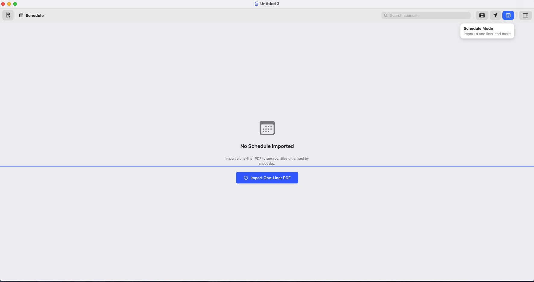 Schedule mode empty state on macOS, showing the Import One-Liner PDF button before any schedule has been loaded.