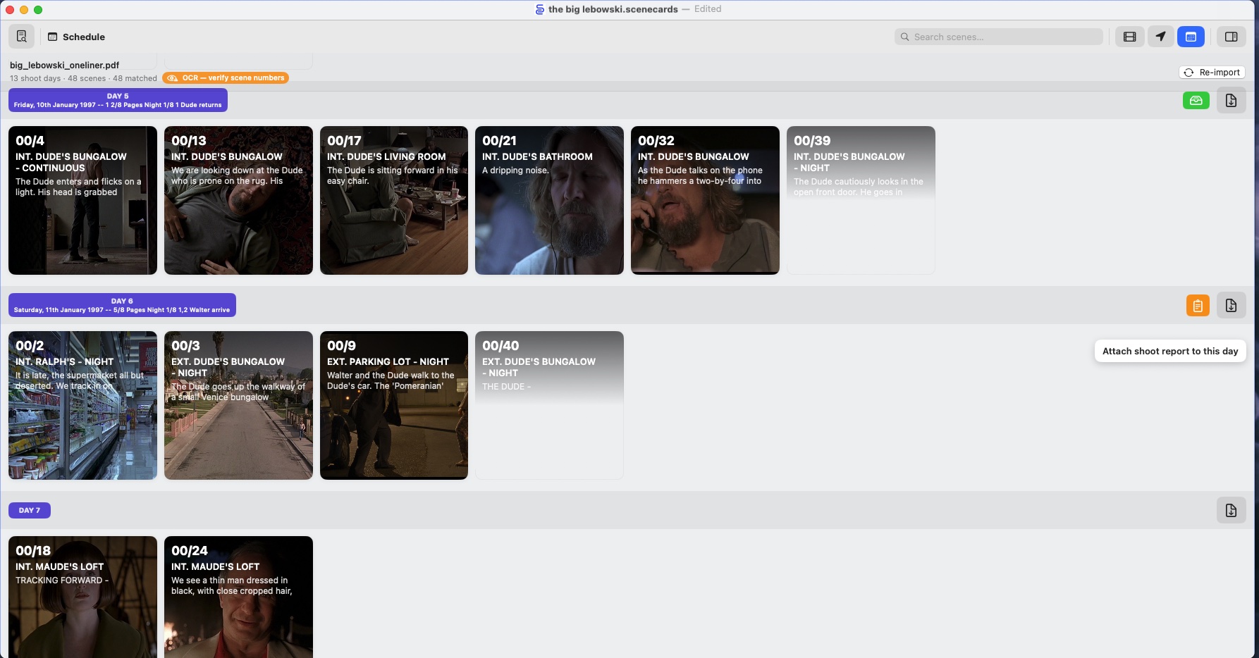 Schedule mode after a one-liner import, showing shoot days with grouped scene cards, day headers, and the Attach Shoot Report control on the right.